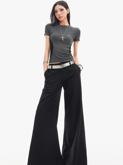 QIUQIU STUDIO Extra Long Slight Flare Loose Zipper Fly Solid Women&