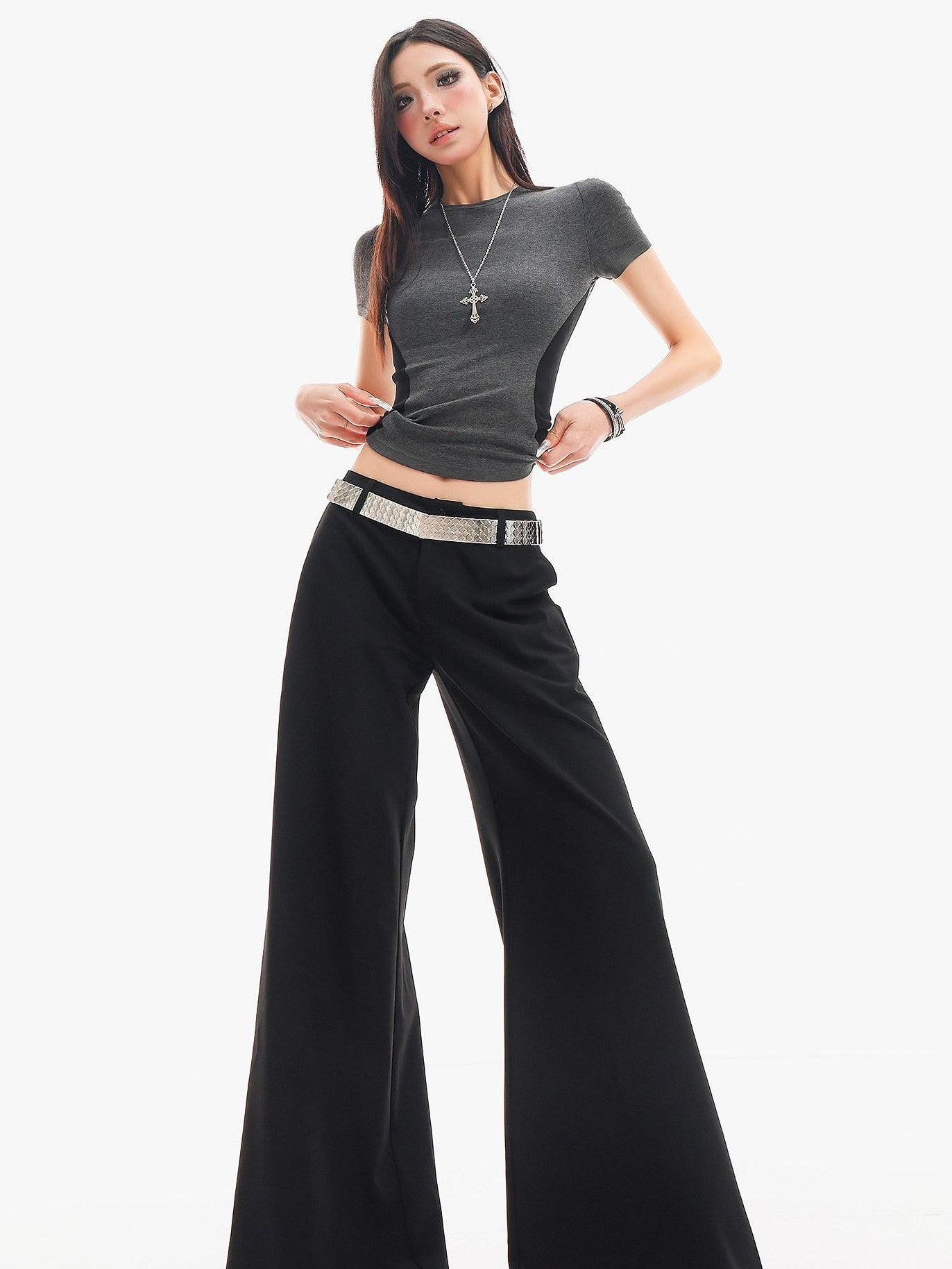QIUQIU STUDIO Extra Long Slight Flare Loose Zipper Fly Solid Women&