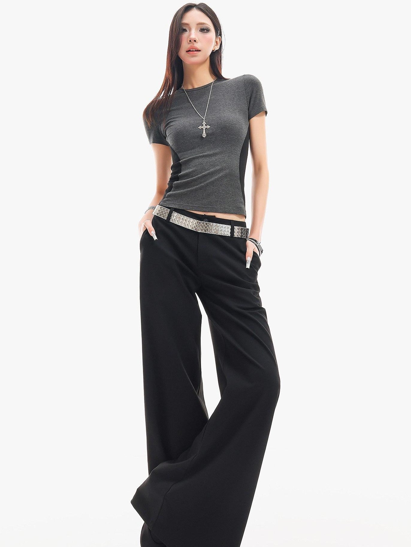 QIUQIU STUDIO Extra Long Slight Flare Loose Zipper Fly Solid Women&