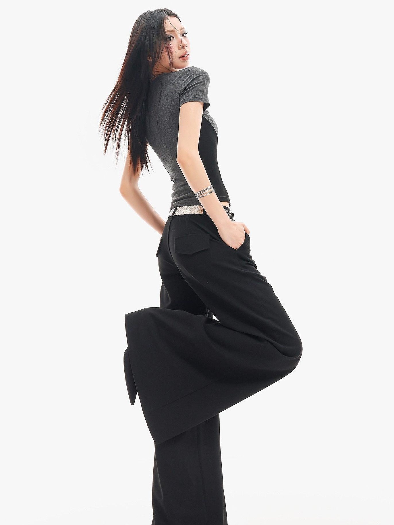 QIUQIU STUDIO Extra Long Slight Flare Loose Zipper Fly Solid Women&