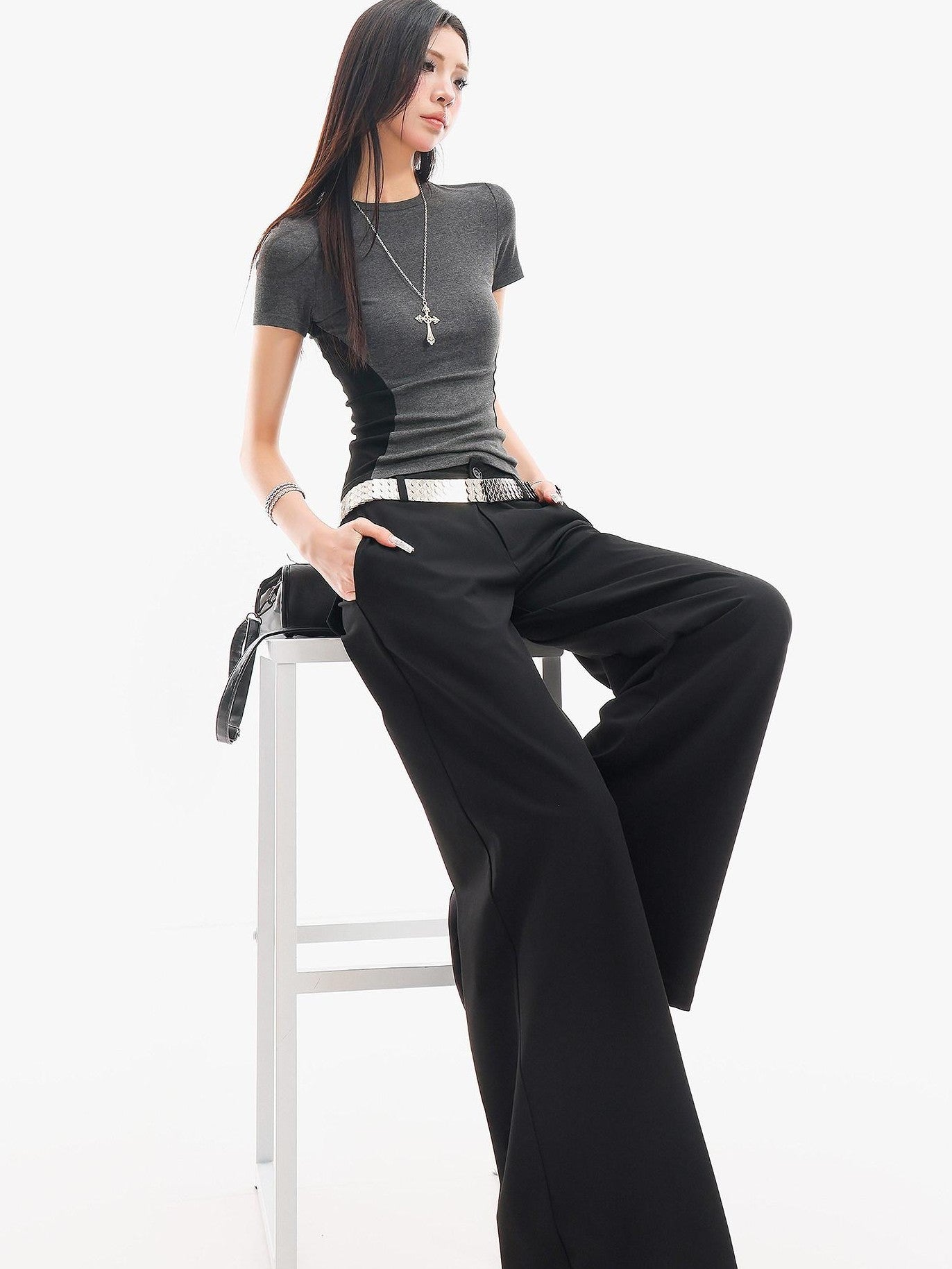 QIUQIU STUDIO Extra Long Slight Flare Loose Zipper Fly Solid Women&