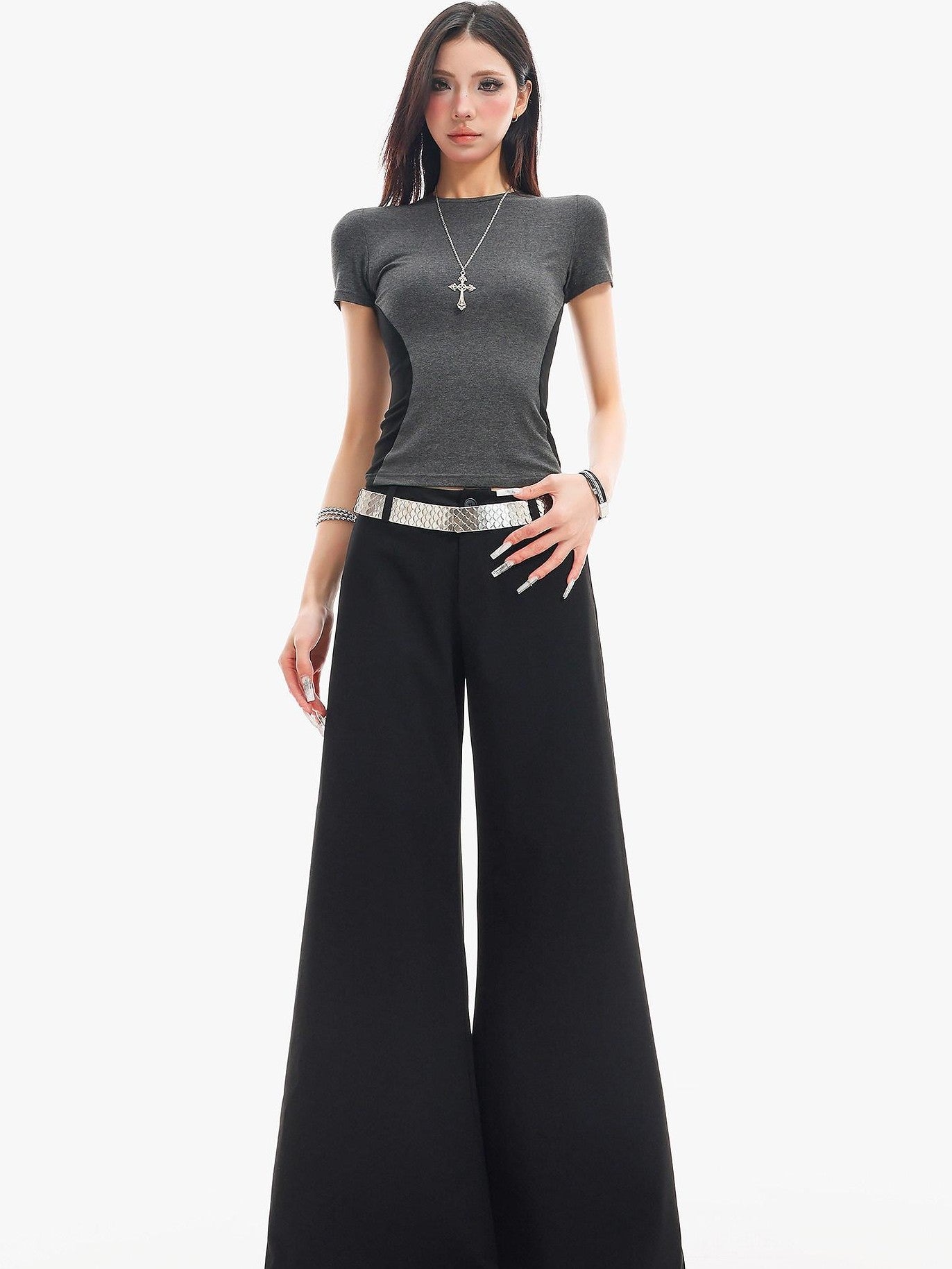 QIUQIU STUDIO Extra Long Slight Flare Loose Zipper Fly Solid Women&