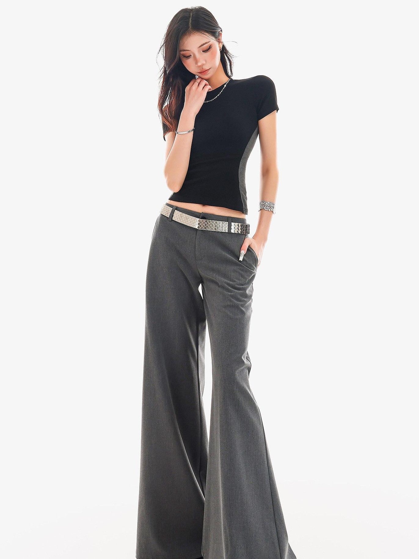 QIUQIU STUDIO Extra Long Slight Flare Loose Zipper Fly Solid Women&