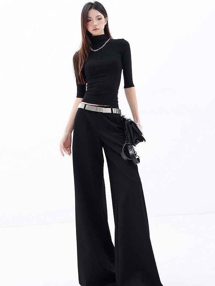 QIUQIU STUDIO Extra Long Slight Flare Loose Zipper Fly Solid Women&