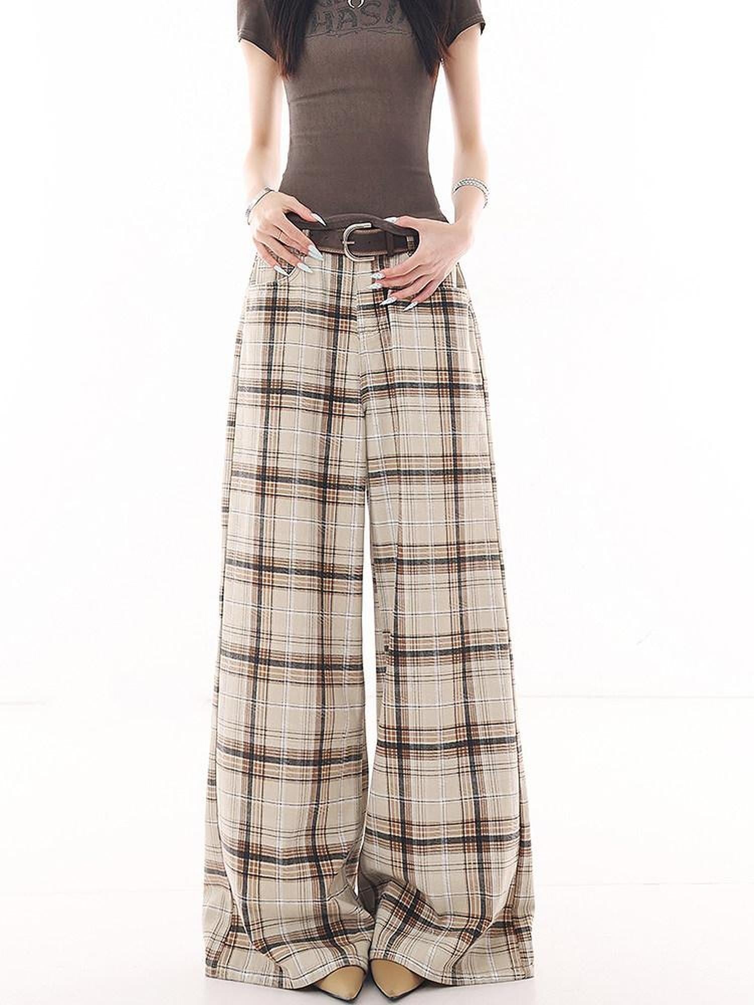 QIUQIU STUDIO Extra Long Vintage Plaid Natural Waist Pocket Women&