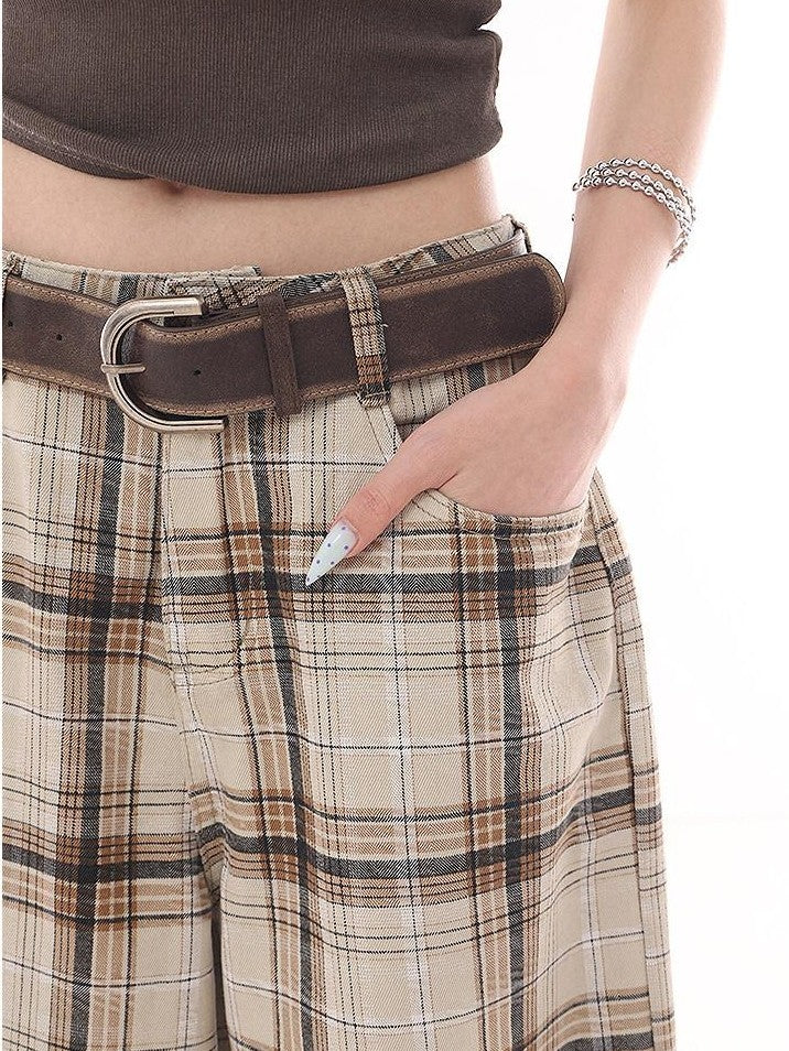 QIUQIU STUDIO Extra Long Vintage Plaid Natural Waist Pocket Women&
