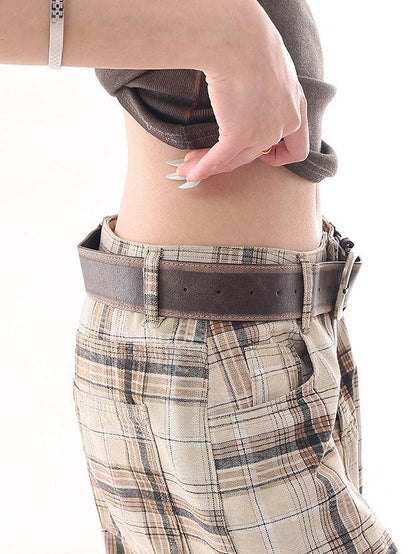 QIUQIU STUDIO Extra Long Vintage Plaid Natural Waist Pocket Women&