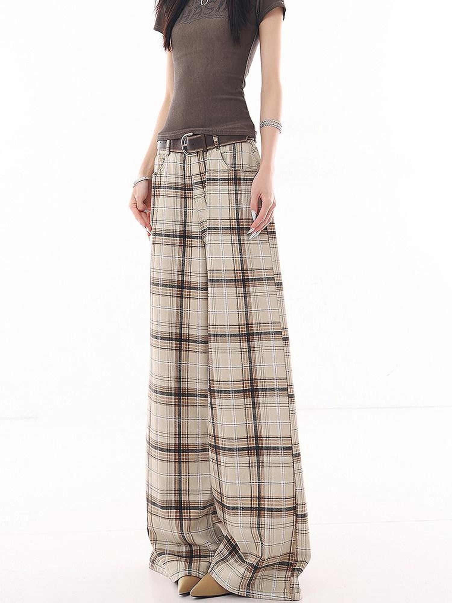 QIUQIU STUDIO Extra Long Vintage Plaid Natural Waist Pocket Women&