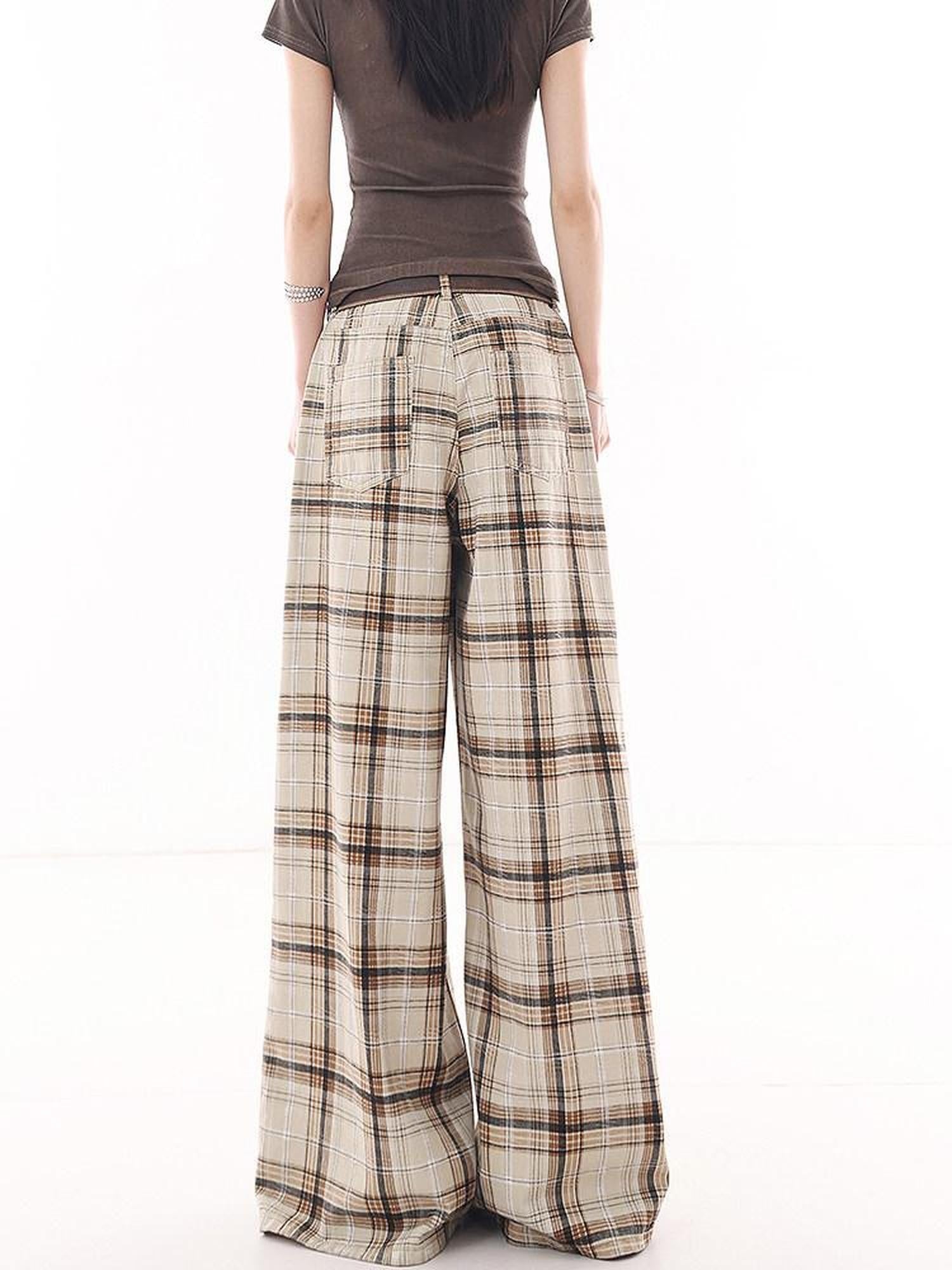 QIUQIU STUDIO Extra Long Vintage Plaid Natural Waist Pocket Women&