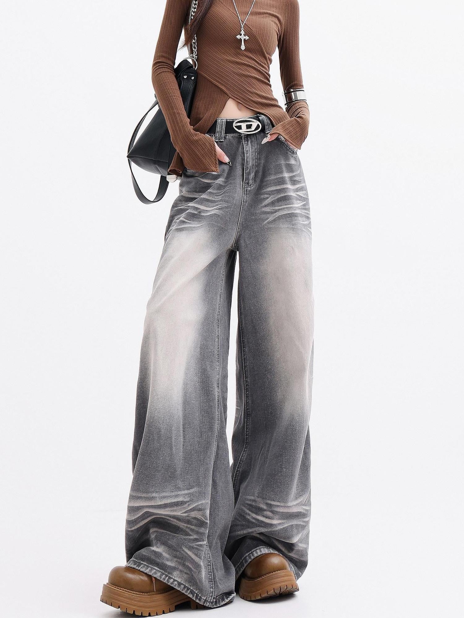 QIUQIU STUDIO Extra Long Washed Gradient Pockets Natural Waist Women&