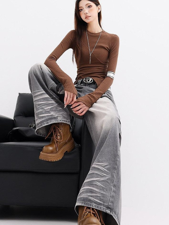 QIUQIU STUDIO Extra Long Washed Gradient Pockets Natural Waist Women&