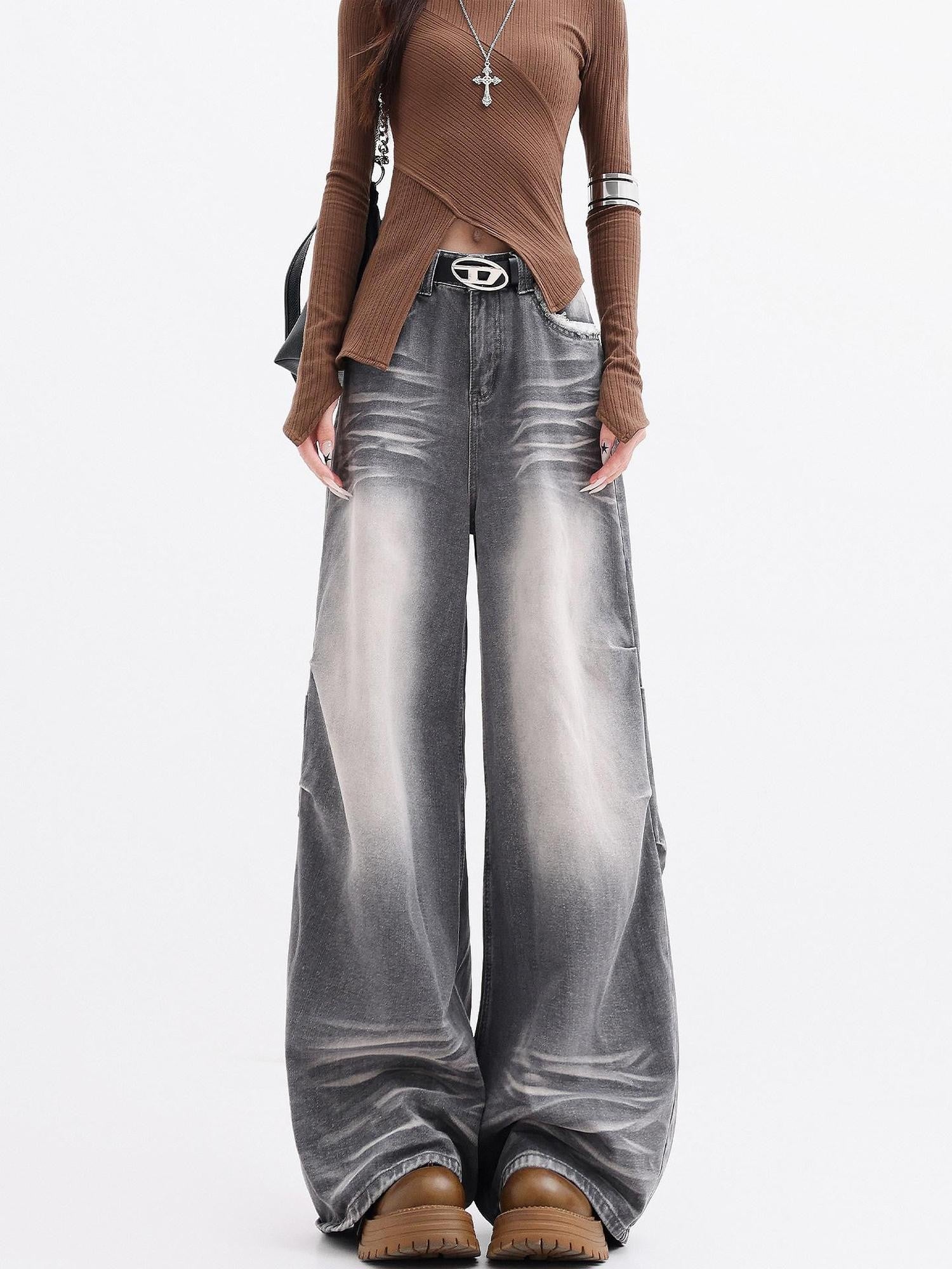 QIUQIU STUDIO Extra Long Washed Gradient Pockets Natural Waist Women&