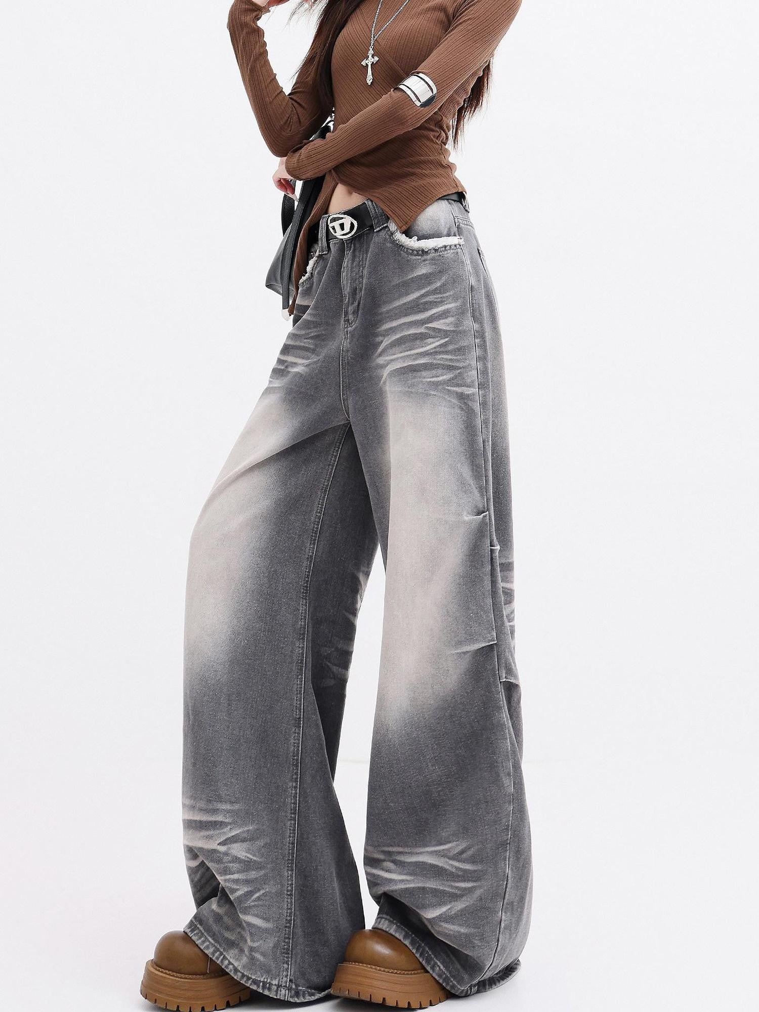 QIUQIU STUDIO Extra Long Washed Gradient Pockets Natural Waist Women&