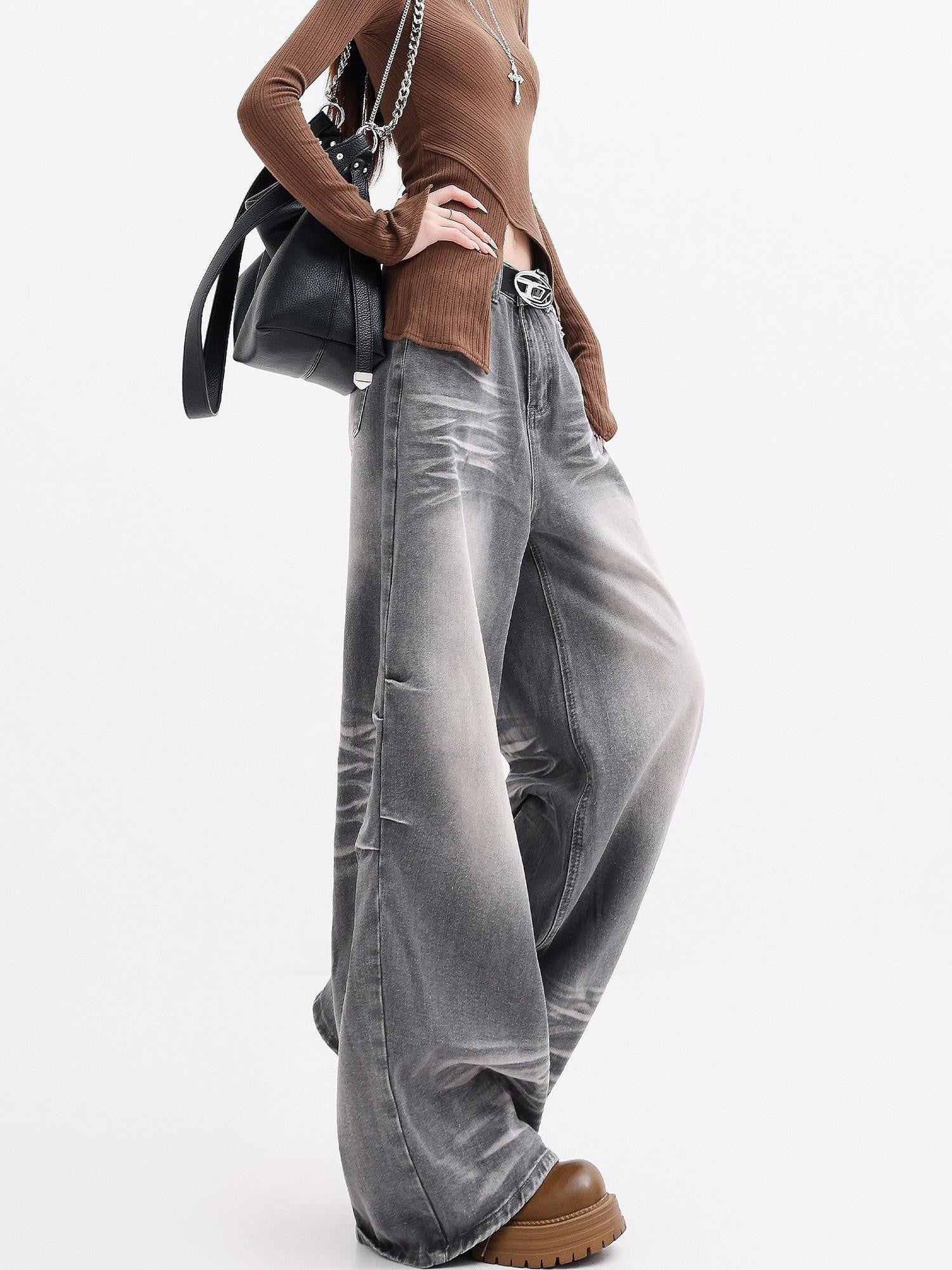 QIUQIU STUDIO Extra Long Washed Gradient Pockets Natural Waist Women&