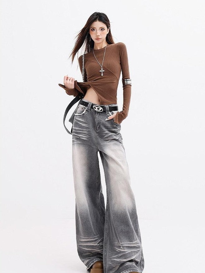QIUQIU STUDIO Extra Long Washed Gradient Pockets Natural Waist Women&