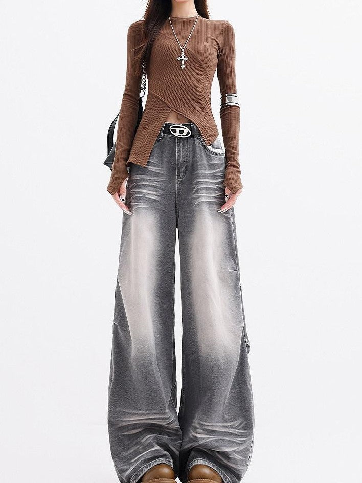 QIUQIU STUDIO Extra Long Washed Gradient Pockets Natural Waist Women&