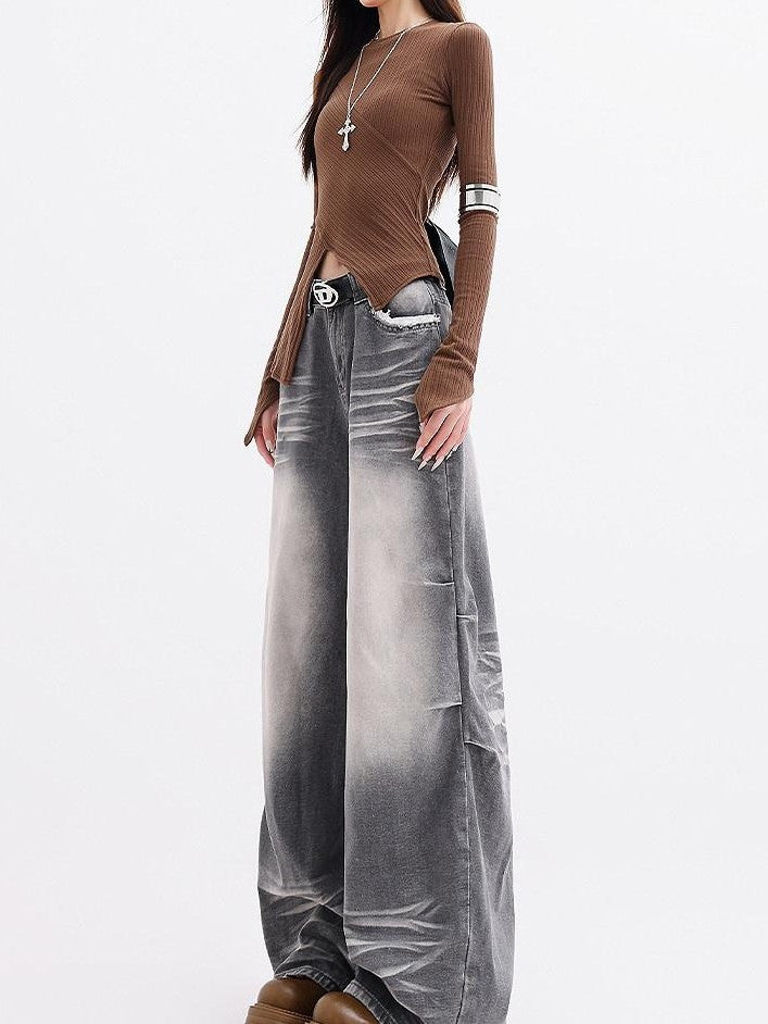 QIUQIU STUDIO Extra Long Washed Gradient Pockets Natural Waist Women&