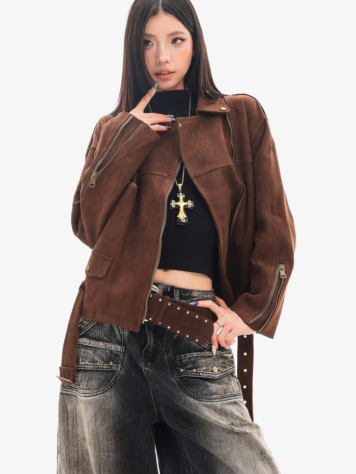 QIUQIU STUDIO Faux Suede Belted Lapel Loose Moto Women&