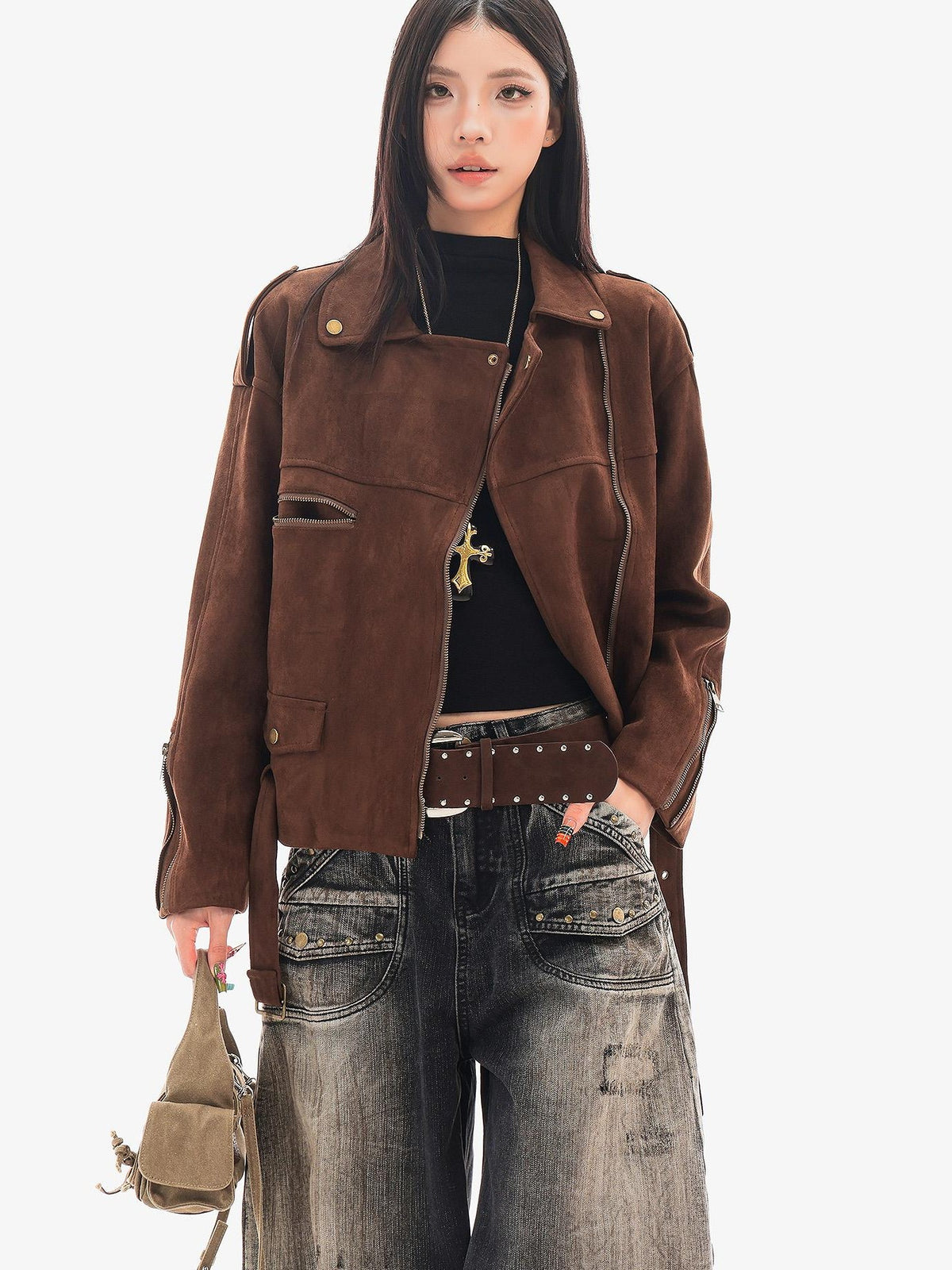 QIUQIU STUDIO Faux Suede Belted Lapel Loose Moto Women&