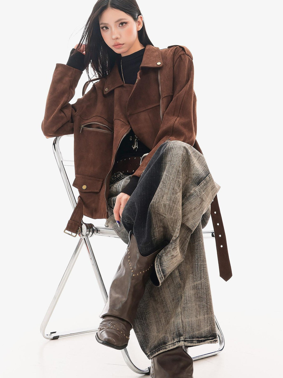 QIUQIU STUDIO Faux Suede Belted Lapel Loose Moto Women&