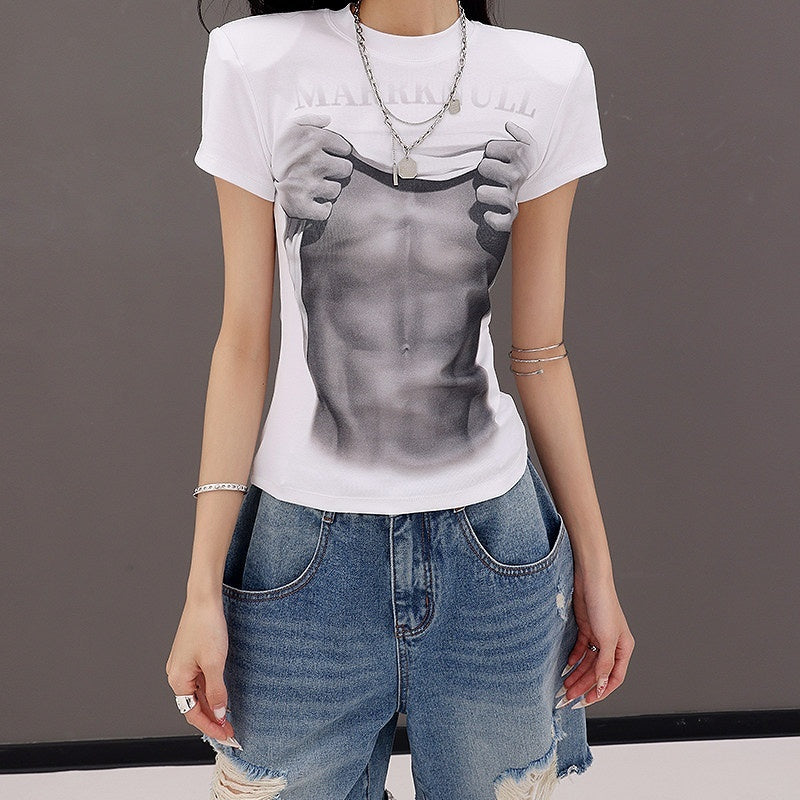 QIUQIU_STUDIO_Figure_Print_Crewneck_Slim_Fit_Set_In_Shoulder_Women&