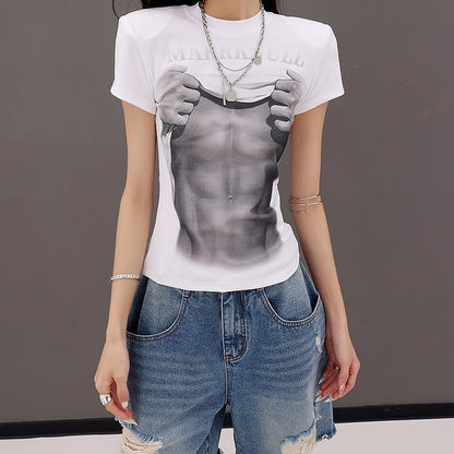 QIUQIU_STUDIO_Figure_Print_Crewneck_Slim_Fit_Set_In_Shoulder_Women&