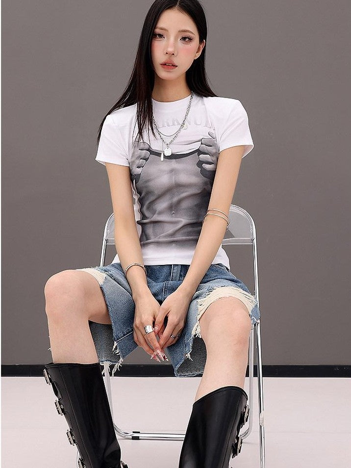 QIUQIU STUDIO Figure Print Crewneck Slim Fit Set In Shoulder Women&