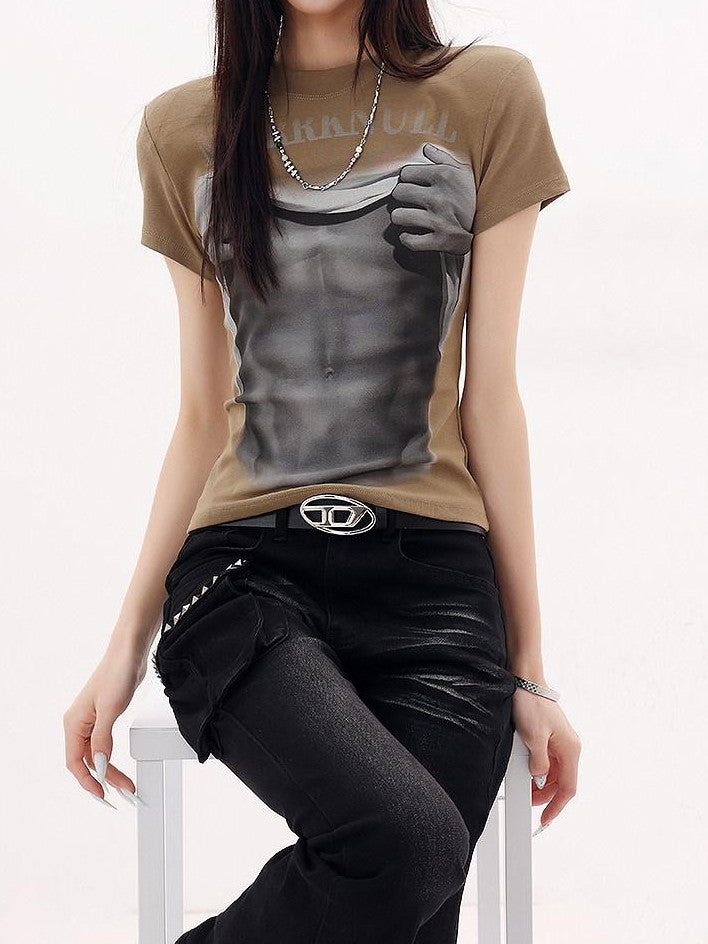 QIUQIU STUDIO Figure Print Crewneck Slim Fit Set In Shoulder Women&