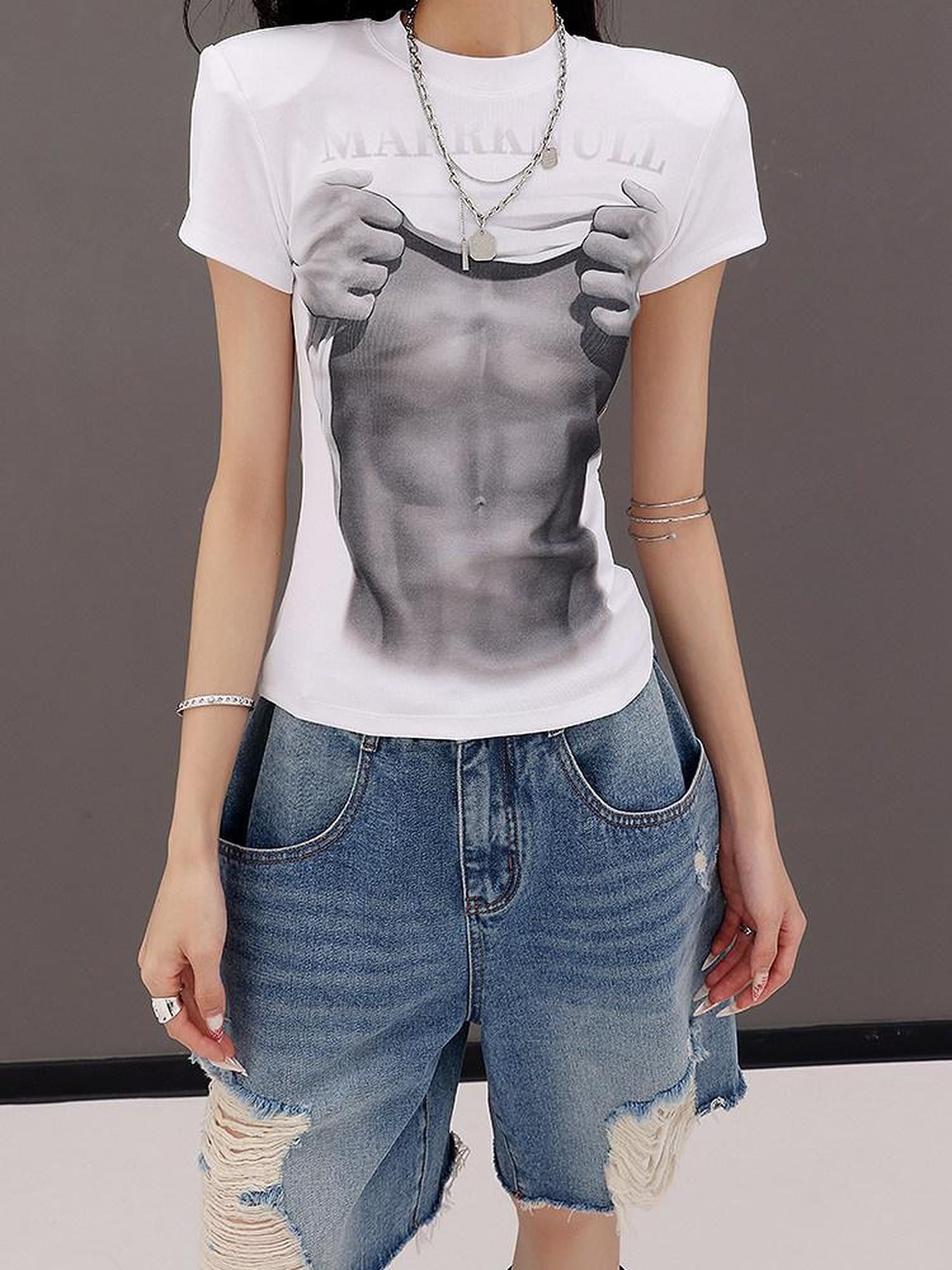 QIUQIU STUDIO Figure Print Crewneck Slim Fit Set In Shoulder Women&