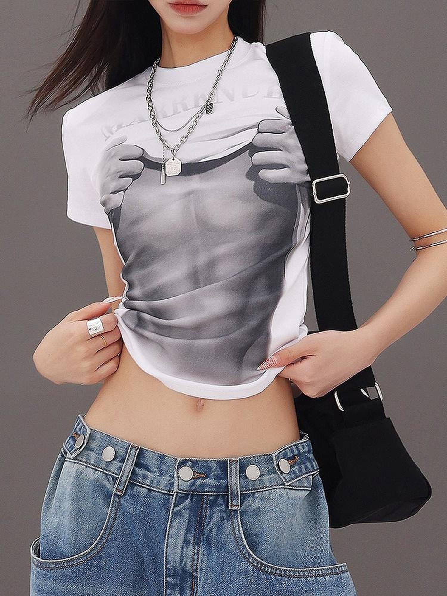 QIUQIU STUDIO Figure Print Crewneck Slim Fit Set In Shoulder Women&