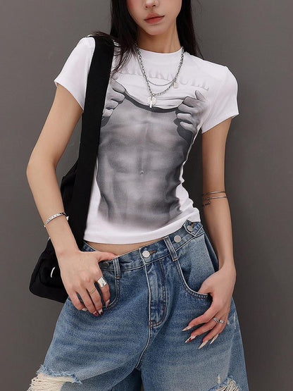 QIUQIU STUDIO Figure Print Crewneck Slim Fit Set In Shoulder Women&