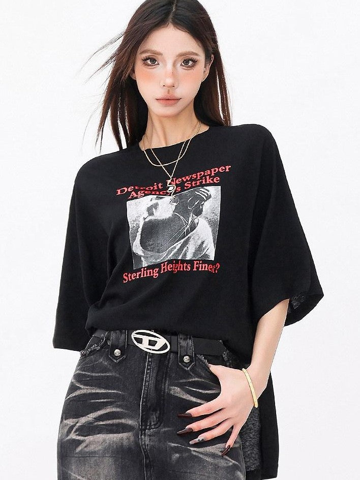 QIUQIU STUDIO Figure Print Side Slit Round Neck Women&
