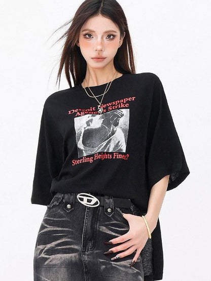 QIUQIU STUDIO Figure Print Side Slit Round Neck Women&
