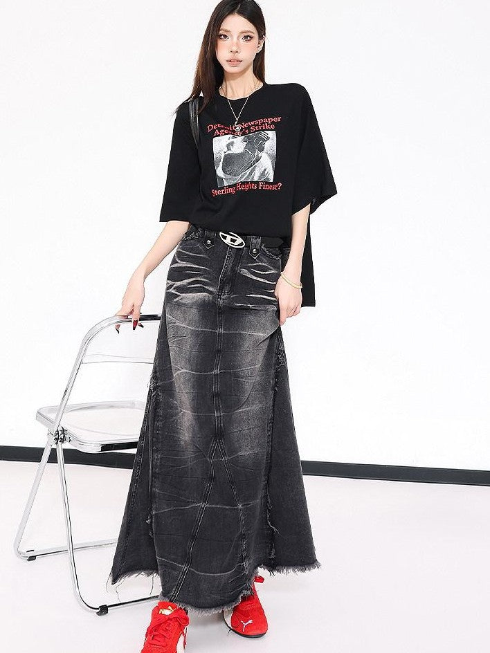QIUQIU STUDIO Figure Print Side Slit Round Neck Women&