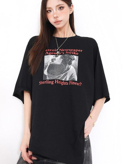 QIUQIU STUDIO Figure Print Side Slit Round Neck Women&