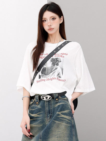 QIUQIU STUDIO Figure Print Side Slit Round Neck Women&