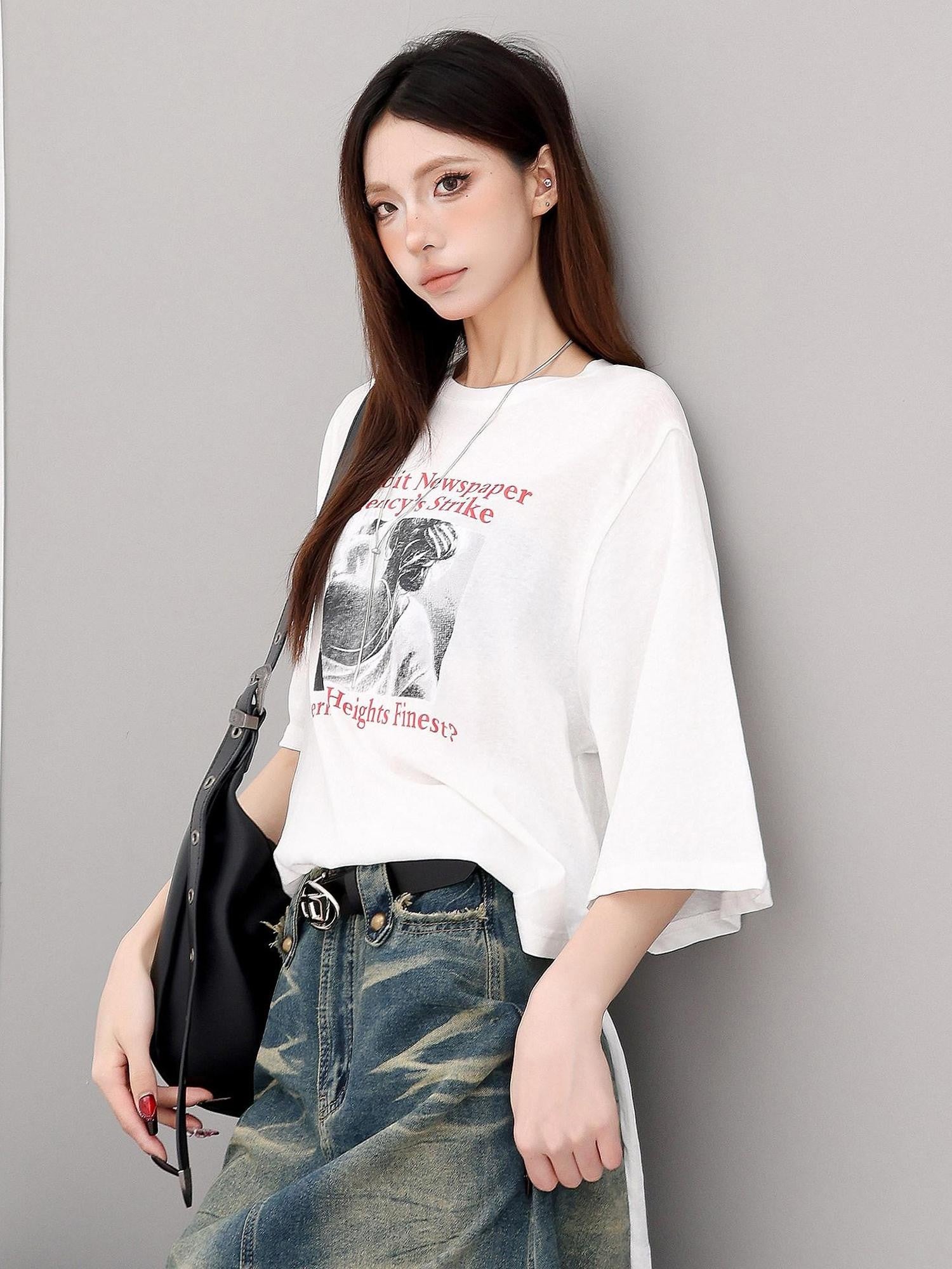 QIUQIU STUDIO Figure Print Side Slit Round Neck Women&