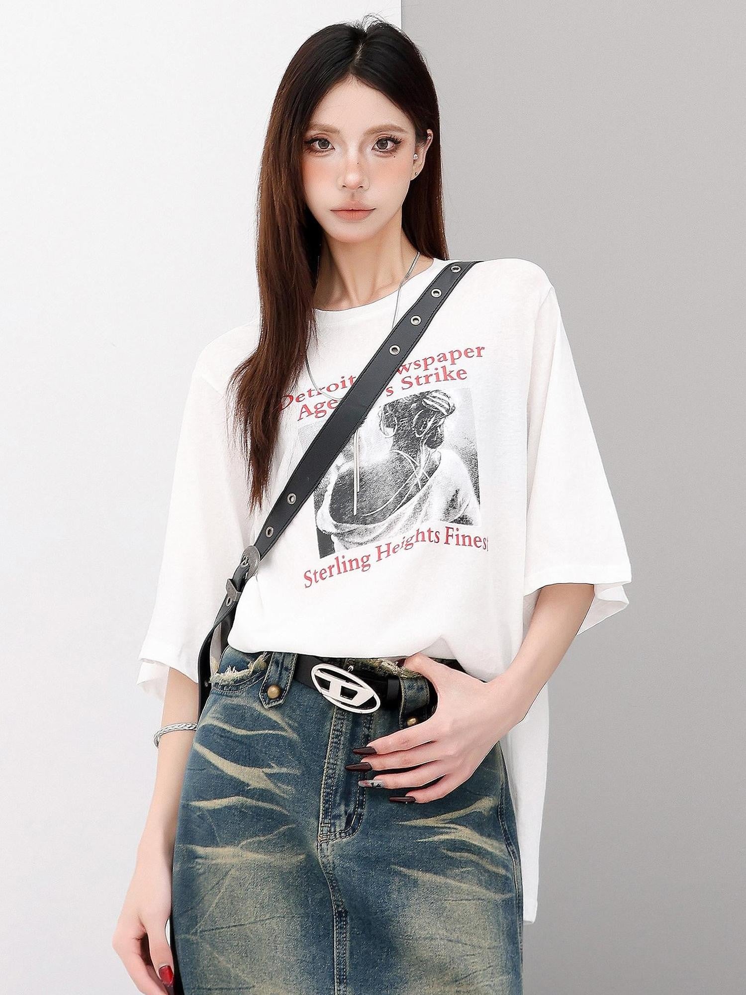 QIUQIU STUDIO Figure Print Side Slit Round Neck Women&