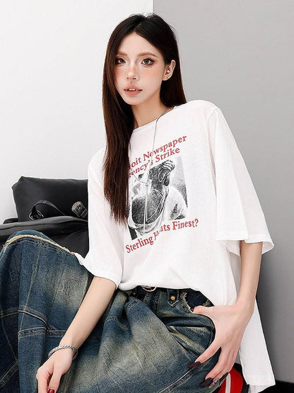 QIUQIU STUDIO Figure Print Side Slit Round Neck Women&