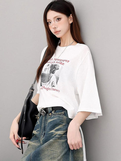 QIUQIU STUDIO Figure Print Side Slit Round Neck Women&