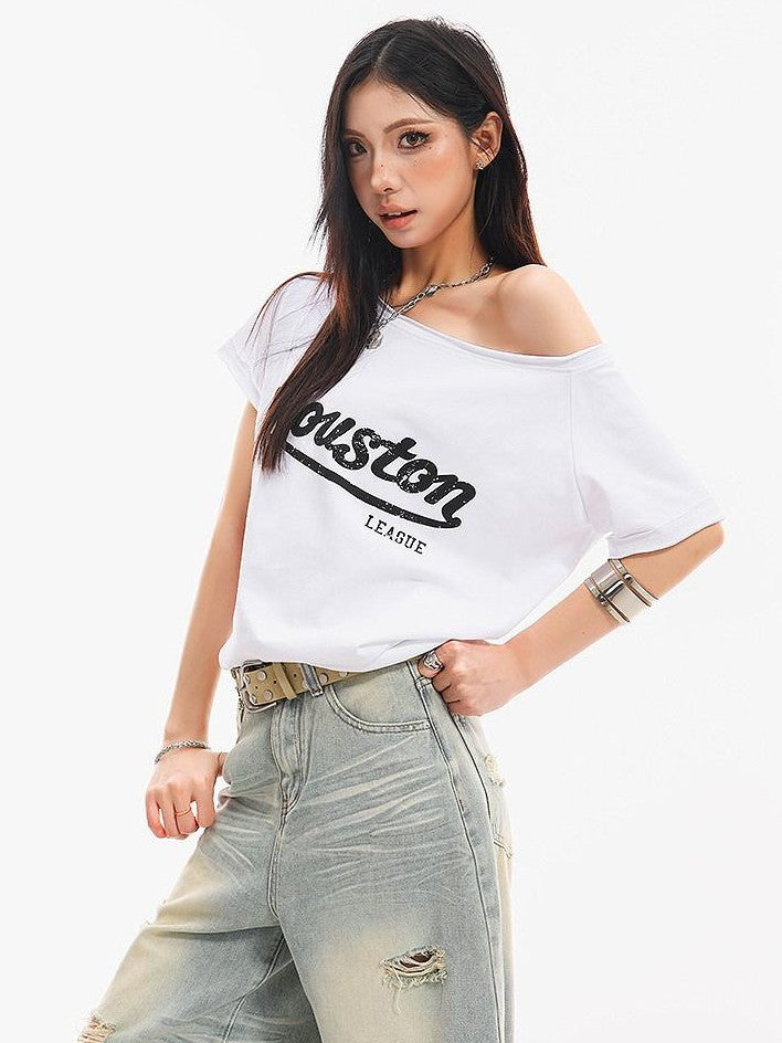 QIUQIU STUDIO Fitted Letter Print One Shoulder Short Sleeve Women&