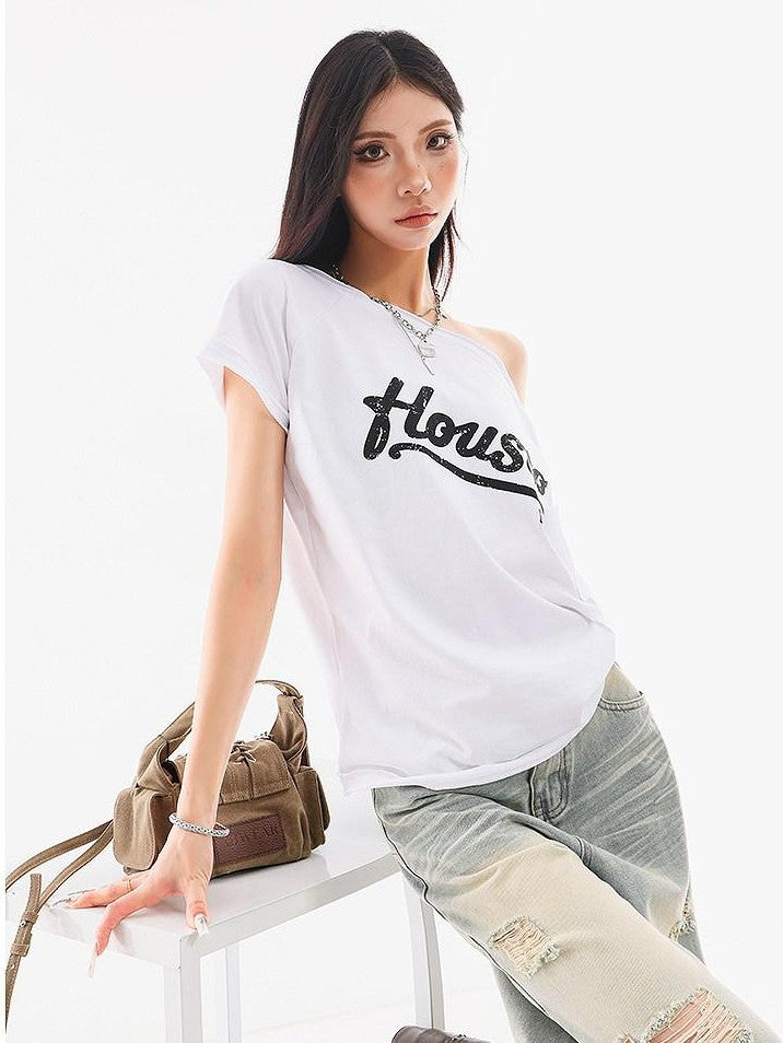 QIUQIU STUDIO Fitted Letter Print One Shoulder Short Sleeve Women&