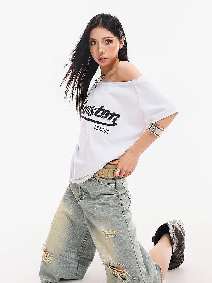 QIUQIU STUDIO Fitted Letter Print One Shoulder Short Sleeve Women&