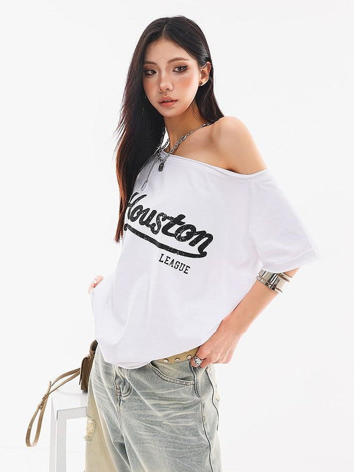 QIUQIU STUDIO Fitted Letter Print One Shoulder Short Sleeve Women&