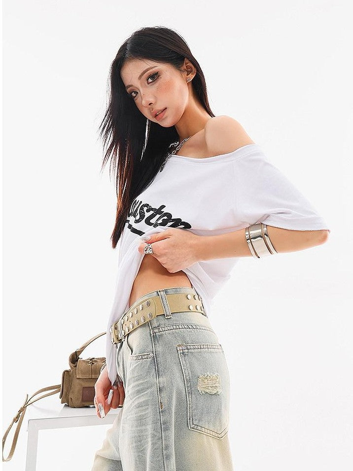 QIUQIU STUDIO Fitted Letter Print One Shoulder Short Sleeve Women&