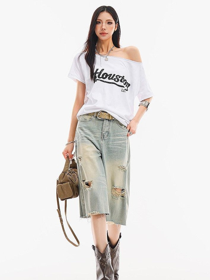 QIUQIU STUDIO Fitted Letter Print One Shoulder Short Sleeve Women&
