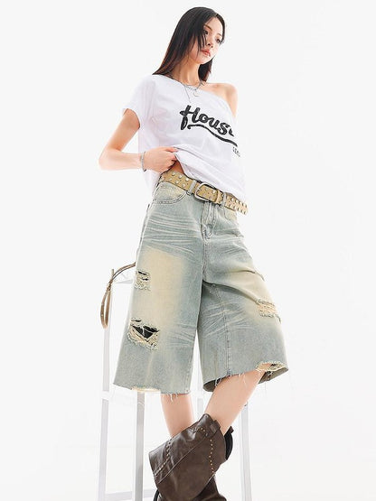 QIUQIU STUDIO Fitted Letter Print One Shoulder Short Sleeve Women&