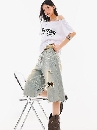 QIUQIU STUDIO Fitted Letter Print One Shoulder Short Sleeve Women&