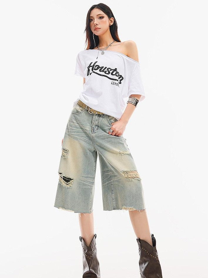 QIUQIU STUDIO Fitted Letter Print One Shoulder Short Sleeve Women&