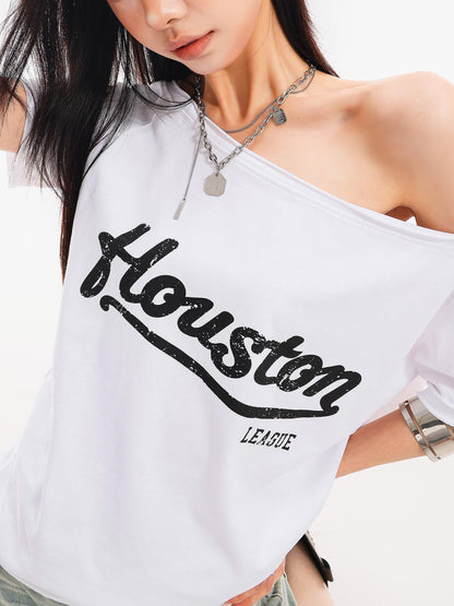 QIUQIU STUDIO Fitted Letter Print One Shoulder Short Sleeve Women&